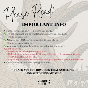 Puede incluir: Gr&aacute;fico color crema con el texto "Please Read! IMPORTANT INFO" y vi&ntilde;etas que detallan los derechos de uso de una descarga digital. Incluye un logotipo de la tienda en la parte inferior. El fondo presenta un dise&ntilde;o de cuerno de ciervo.