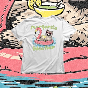 raccoon pool party illustration with margarita cocktail and flamingo float, funny summer png