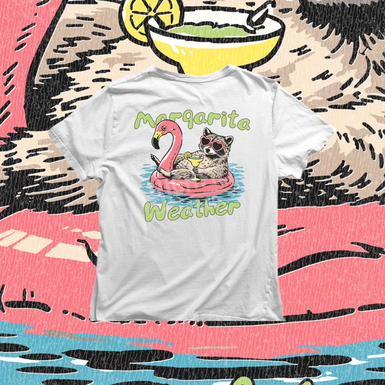 raccoon pool party illustration with margarita cocktail and flamingo float, funny summer png