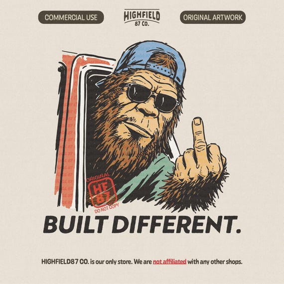 Built Different PNG Funny Bigfoot Shirt Design Sasquatch Middle Finger Meme Graphic Retro Style Humor Digital Download
