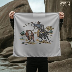 Country western PNG showing a cowboy, horse, lasso, and steer in a hand drawn rodeo roping scene.