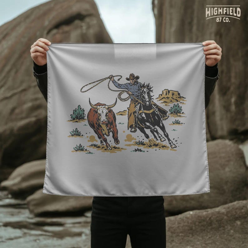 Country western PNG showing a cowboy, horse, lasso, and steer in a hand drawn rodeo roping scene.