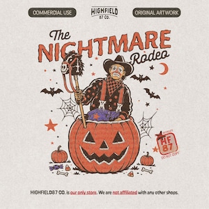 Puede incluir: Una ilustración gráfica titulada The Nightmare Rodeo que muestra a un payaso con sombrero de vaquero sosteniendo un palo con cabeza de caballo dentro de una calabaza grande. El diseño incluye murciélagos, telarañas, estrellas y calabazas pequeñas.