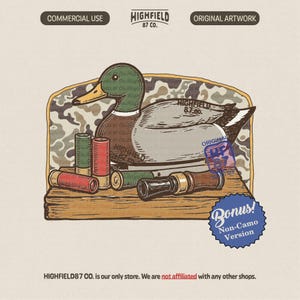 Op de afbeelding: Illustratie van een wilde eend, hagelpatronen en een eendenlokker op een houten oppervlak, tegen een camouflage achtergrond. De afbeelding bevat de tekst "HIGHFIELD 87 CO." en "ORIGINAL ARTWORK."