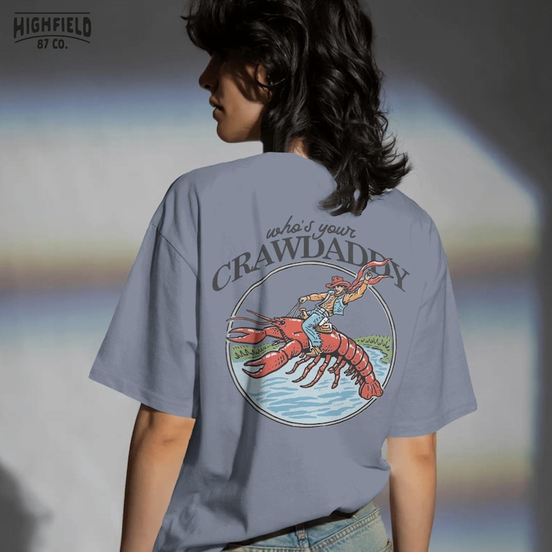 crawfish illustration in circular badge layout for outdoor humor and fishing shirt design