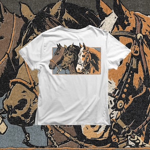 Horse western PNG showing a trio of ranch horses with bridles, vintage outdoor artwork for cowboy shirts