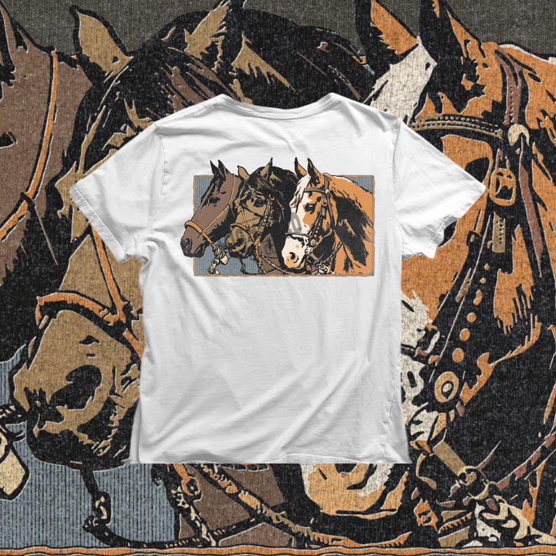 Horse western PNG showing a trio of ranch horses with bridles, vintage outdoor artwork for cowboy shirts