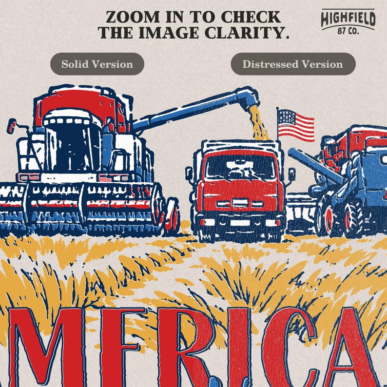 Combine Tractor PNG featuring a harvest scene with farm machinery, wheat crop, and small USA flag for agriculture shirts and digital download projects.