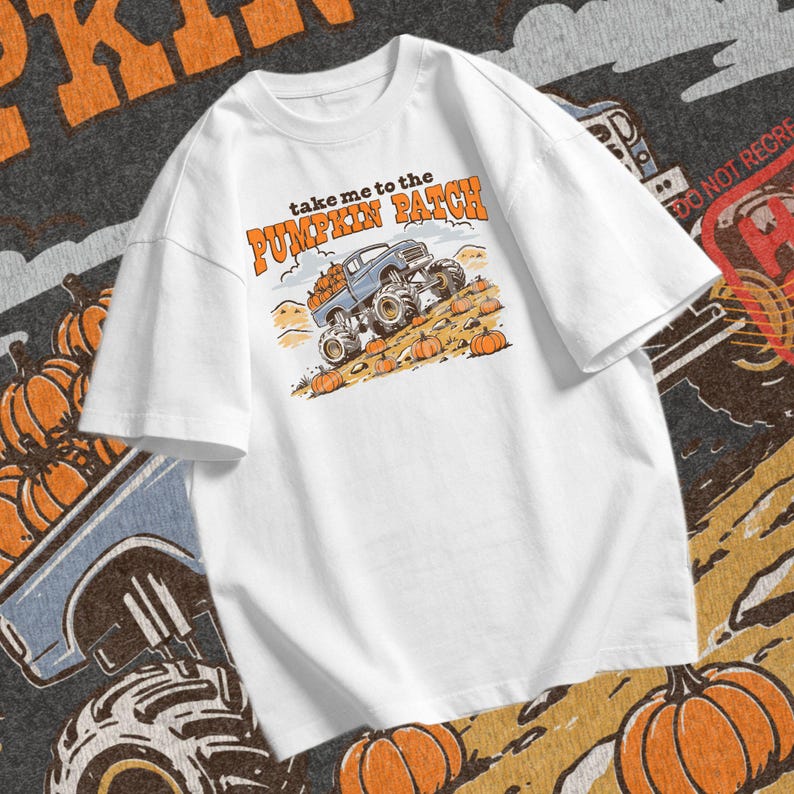 Take Me To The Pumpkin Patch PNG showing a blue truck with oversized tires, pumpkins, fall hills, clouds, and autumn lettering.