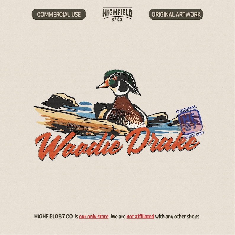 Wood duck PNG illustration showing a drake wood duck swimming near rocks with “Woodie Drake” text, vintage waterfowl artwork for duck hunting shirts