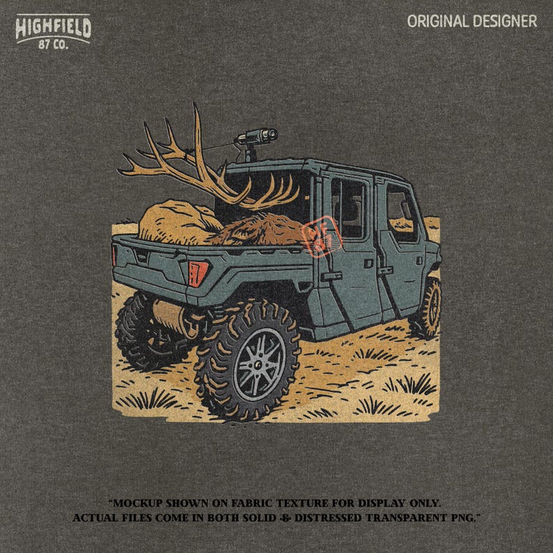 Clipart of a side-by-side hunting UTV carrying a large elk carcass and antlers. The vehicle is drawn in camo colors, with rugged tires and desert terrain. Designed as a shed hunting PNG for shirt graphics, decals, or sticker packs.