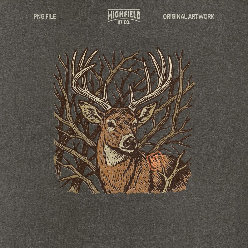 Whitetail buck png artwork showing a detailed deer with big antlers for deer hunting shirts