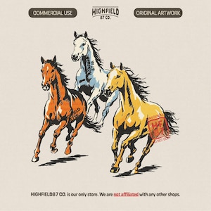 Puede incluir: Ilustración de tres caballos corriendo en tonos naranja, blanco y amarillo. La imagen presenta el texto "HIGHFIELD 87 CO." y "ORIGINAL ARTWORK". En la parte inferior se lee "HIGHFIELD87 CO. is our only store."
