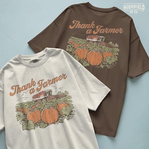 Pumpkin harvest PNG featuring a farm field full of orange pumpkins and green leaves with a red combine harvester in the background and “Thank a Farmer” script above.