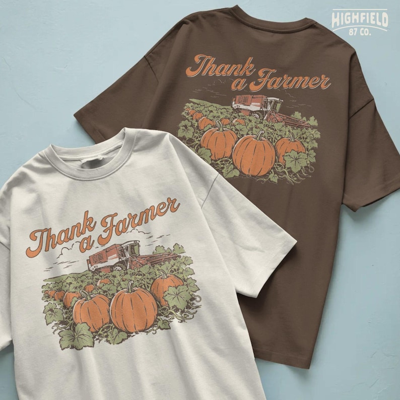 Pumpkin harvest PNG featuring a farm field full of orange pumpkins and green leaves with a red combine harvester in the background and “Thank a Farmer” script above.