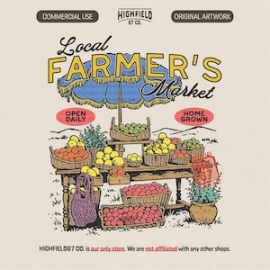 Farmers Market PNG featuring a local produce stand with fruit baskets, blue umbrella, open daily sign, and home grown market text for shirt designs.