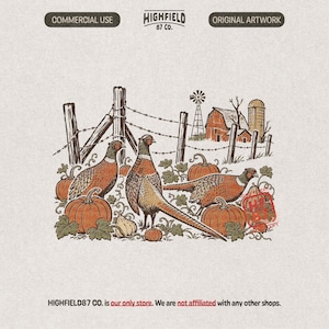 Op de afbeelding: Een grafische illustratie met twee fazanten tussen oranje pompoenen en wijnstokken voor een houten hek, een windmolen en een schuur. De tekst luidt HIGHFIELD 87 CO. COMMERCIAL USE ORIGINAL ARTWORK en HIGHFIELD87 CO. is our only store.