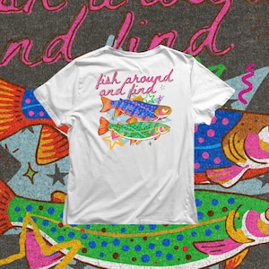 two trout fish illustration with bright colors and bold text, fun summer lake vibe graphic