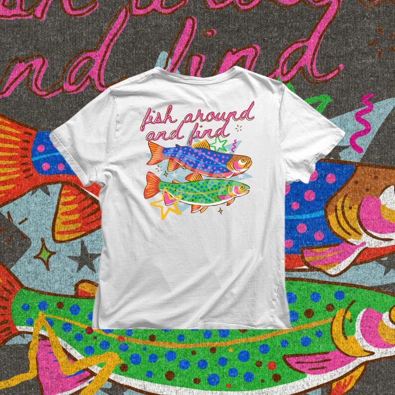 two trout fish illustration with bright colors and bold text, fun summer lake vibe graphic