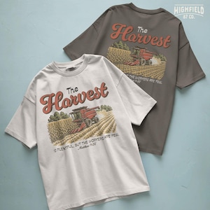 Farm faith PNG featuring The Harvest text, combine harvester, corn stalks, and scripture inspired farming design.
