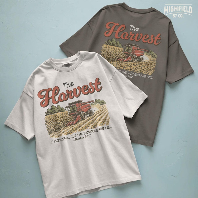 Farm faith PNG featuring The Harvest text, combine harvester, corn stalks, and scripture inspired farming design.