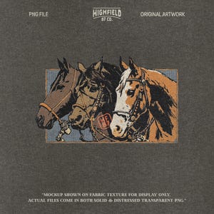 Vintage western horse PNG featuring three bridled horses illustrated in rustic ranch style, digital artwork for western apparel