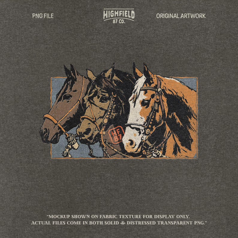 Vintage western horse PNG featuring three bridled horses illustrated in rustic ranch style, digital artwork for western apparel