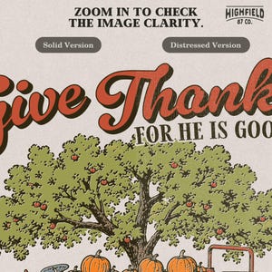 Fall harvest PNG featuring pumpkins, flowers, apple tree, vintage wagon, and Christian Give Thanks scripture text.