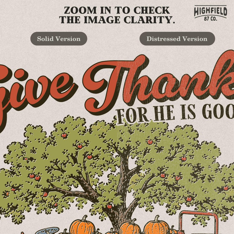 Fall harvest PNG featuring pumpkins, flowers, apple tree, vintage wagon, and Christian Give Thanks scripture text.