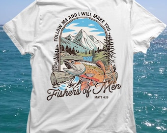Fishers of Men PNG | Christian Fishing Graphic | Matthew 4:19 Bible Verse Art | Faith-Based Outdoor Design | Vintage Men&#39;s Bible Shirt PNG