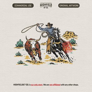 Team Roping PNG featuring a rodeo cowboy riding a black horse while swinging a lasso toward a running steer in a desert ranch scene.
