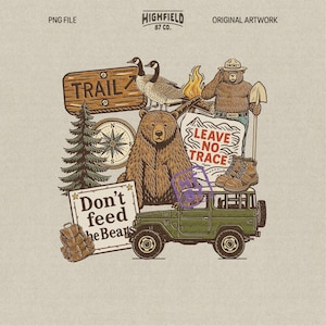Puede incluir: Ilustración con temática de actividades al aire libre y acampada. Incluye un oso, Smokey Bear, una brújula, un jeep verde, un letrero que dice "Trail", y los textos "Don't feed the Bears" y "Leave No Trace".