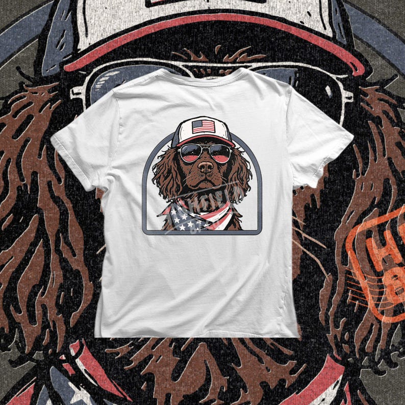 Patriotic hunting dog PNG showing a brown spaniel wearing sunglasses and an American flag themed hat and bandana.