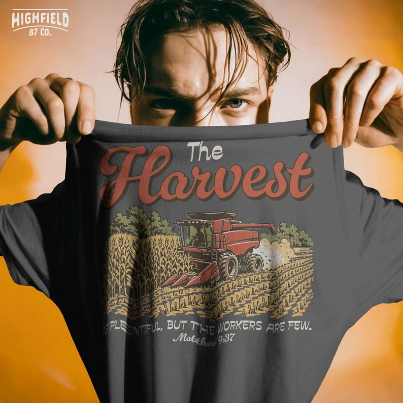 Bible verse PNG showing The Harvest is plentiful text with combine harvester artwork and farming field details.