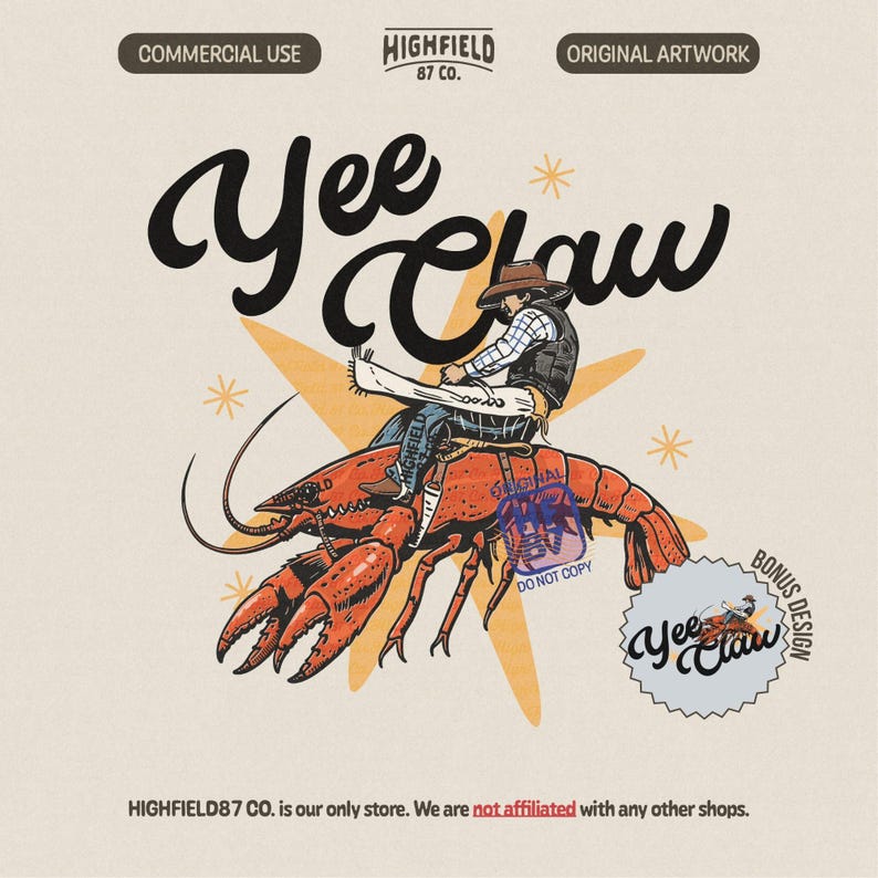 funny crawfish cowboy illustration featuring a cowboy riding a large crawfish with the phrase yee claw in bold lettering and star background, designed in a vintage hand drawn style with strong ink lines and flat colors, perfect for cajun humor shirts, louisiana themed apparel, fishing lovers, crawfish boil parties, and unique southern lifestyle t shirt designs for men and women