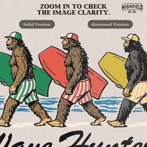 funny bigfoot surfing theme design with ocean waves and vintage style text Wave Hunters Bigfoot Beach Club PNG