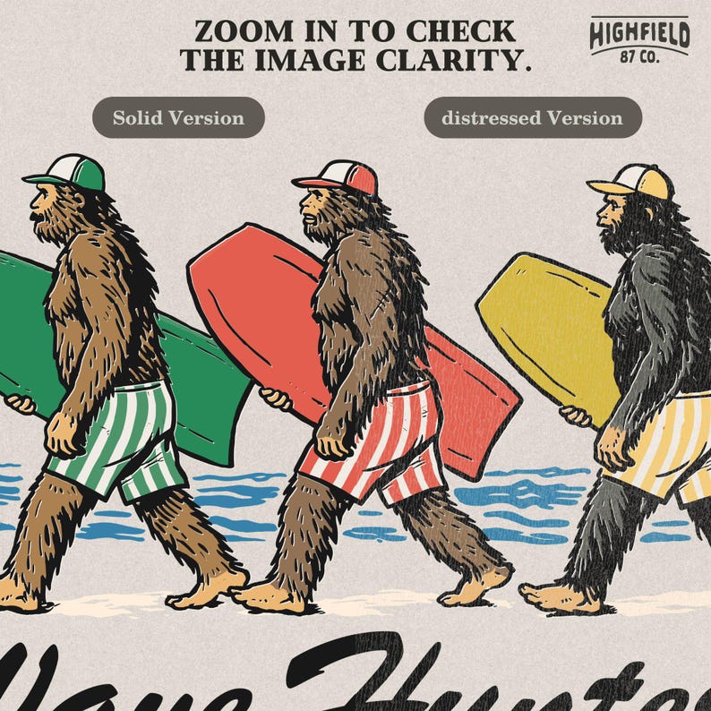 funny bigfoot surfing theme design with ocean waves and vintage style text Wave Hunters Bigfoot Beach Club PNG