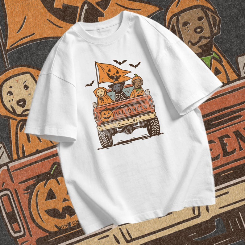 Dog Halloween shirt PNG featuring three costume dogs in a pickup truck tailgate scene with jack o lantern details and a Halloween flag.