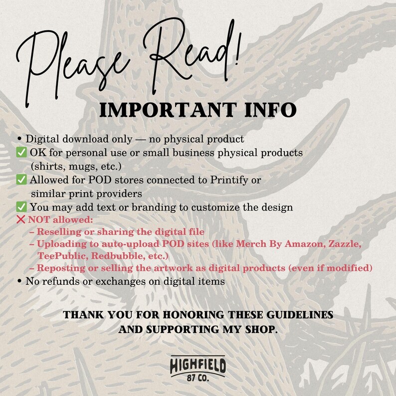 May include: A cream-colored graphic with the text "Please Read! IMPORTANT INFO" and bullet points detailing usage rights for a digital download. Includes a shop logo at the bottom. The background features a deer antler design.