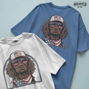 Dog lover patriotic design featuring a boykin spaniel with sunglasses and American flag accessories.