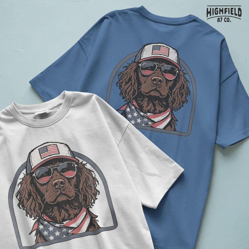 Dog lover patriotic design featuring a boykin spaniel with sunglasses and American flag accessories.