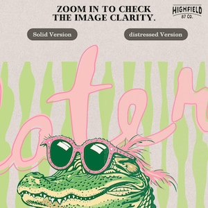 fashionable crocodile illustration with pink boa sunglasses and pastel background preppy aesthetic later gator design digital download png for apparel