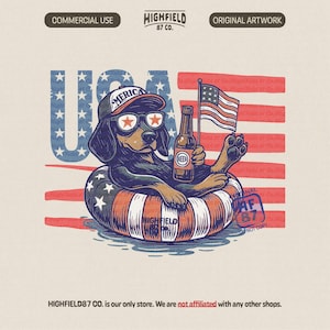 Könnte beinhalten: Illustration eines Dackels mit Sonnenbrille und einem Hut mit der Aufschrift "MERICA", der in einem patriotischen Schwimmreifen schwimmt, ein Bier und eine amerikanische Flagge hält. Das Wort "USA" ist im Hintergrund.