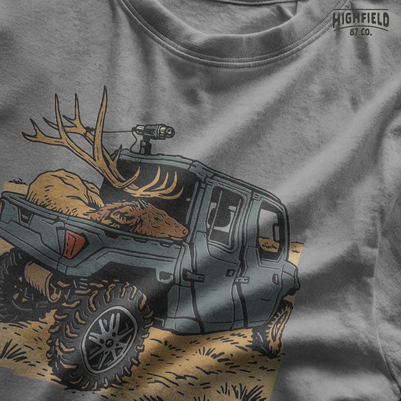 High-resolution PNG showing a hunting vehicle with an elk in the bed, antlers extending over the cab. The side-by-side is parked on tan desert ground. A great hunter truck PNG for sublimation on shirts, mugs, or decals.