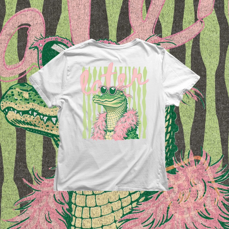 girly summer alligator png design with cute accessories and retro preppy style later text perfect for shirt print sublimation and boutique fashion