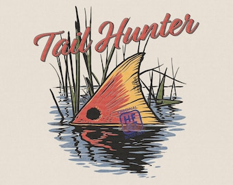 Diseño PNG de Redfish Tail Hunter para pesca en agua salada, ilustración de cola de tambor rojo, descarga digital de gráficos para camisetas de pesca en aguas poco profundas.