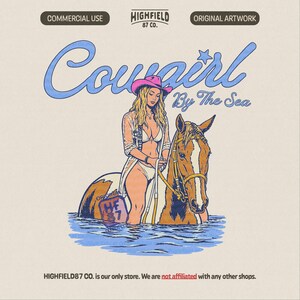 coastal cowgirl standing in water with horse, wearing bikini and hat, cowgirl by the sea illustration