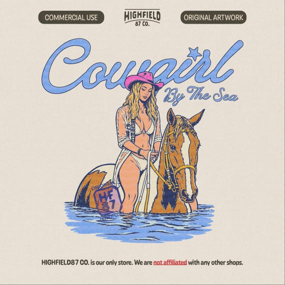 Coastal Cowgirl PNG, Cowgirl By The Sea Design, Beach Horse Girl Illustration, Summer Western Shirt Digital Download