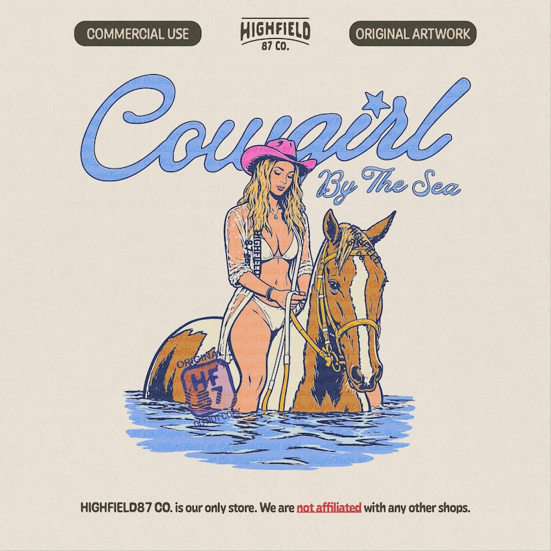 coastal cowgirl standing in water with horse, wearing bikini and hat, cowgirl by the sea illustration