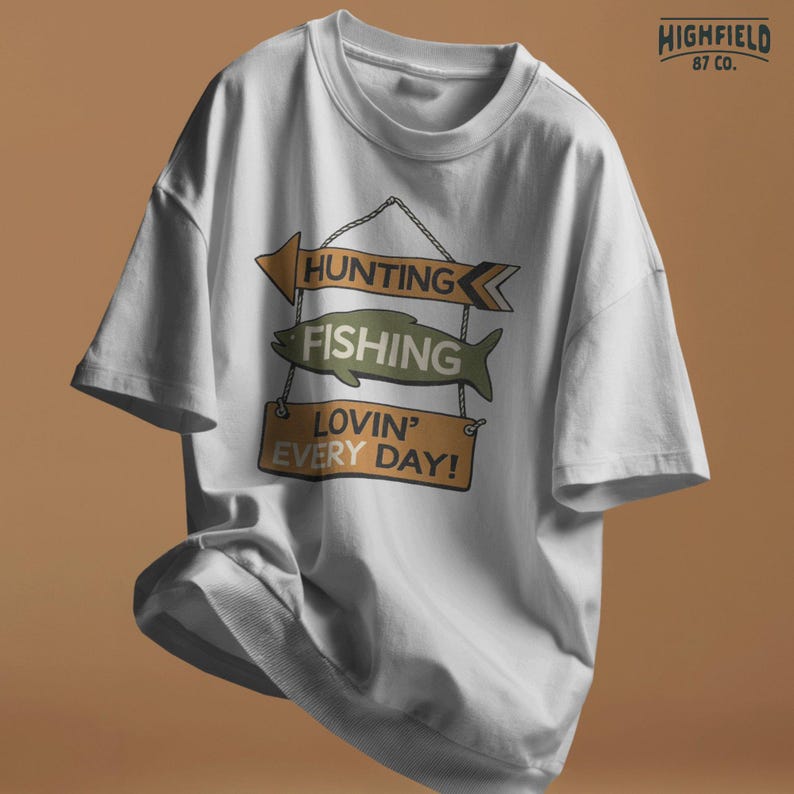 Hunting fishing shirt design PNG showing hanging wooden signs with arrows and fish shapes